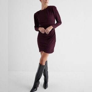 Vintage Express Textured Padded Shoulder Ruched Elegant Mini Sheath Dress size L